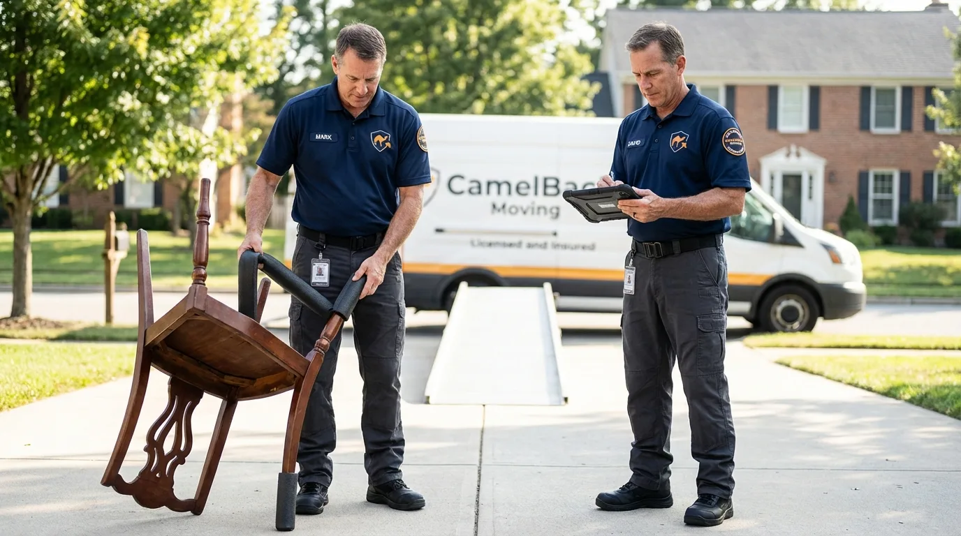 Movers inspecting furniture for damage prevention before loading in Plantersville, MS
